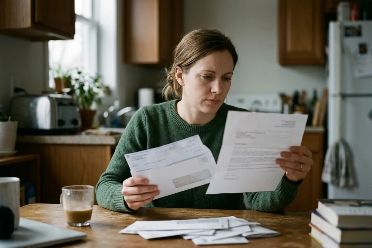 A worker reviewing a paycheck stub and a garnishment notice at a kitchen table